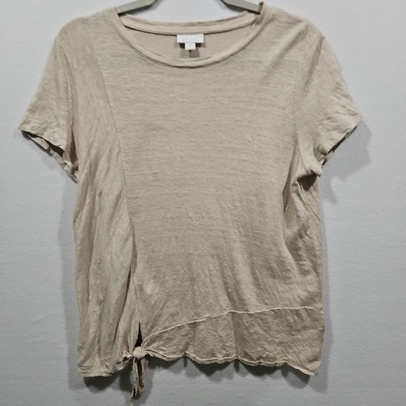 J. Jill Love Linen Womens Size M Short Sleeve Front Tie Linen Shirt‎ Flax Beige - Picture 1 of 10